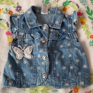 Girls Denim Vest with Floral Embroidery and Butterfly Patch